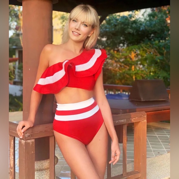Red and White Ruffled Bikini Set - Picture 1 of 3